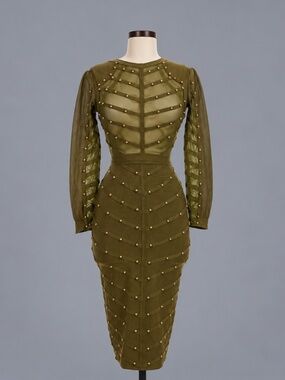 Miss Circle Olive Green Gold Studded Mesh Bandage Midi Dress M NWT